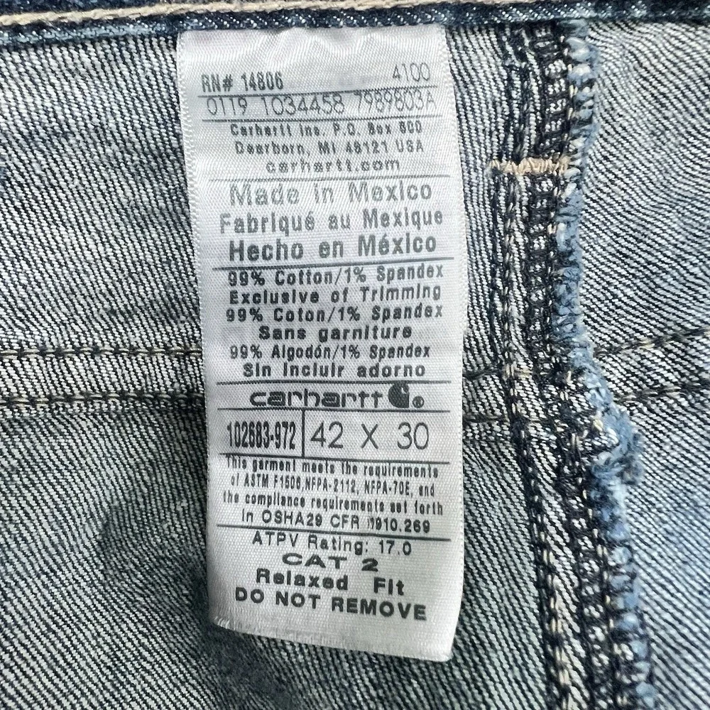 Carhartt FR Flame Resistant Work Blue Demin Jeans Mens 42x30 Cat 2 4100